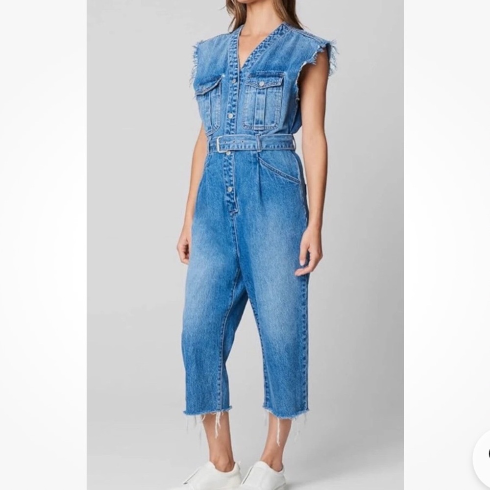NWT BLANK NYC Distressed Cropped Denim Belted Jumpsuit - Picture 3 of 7
